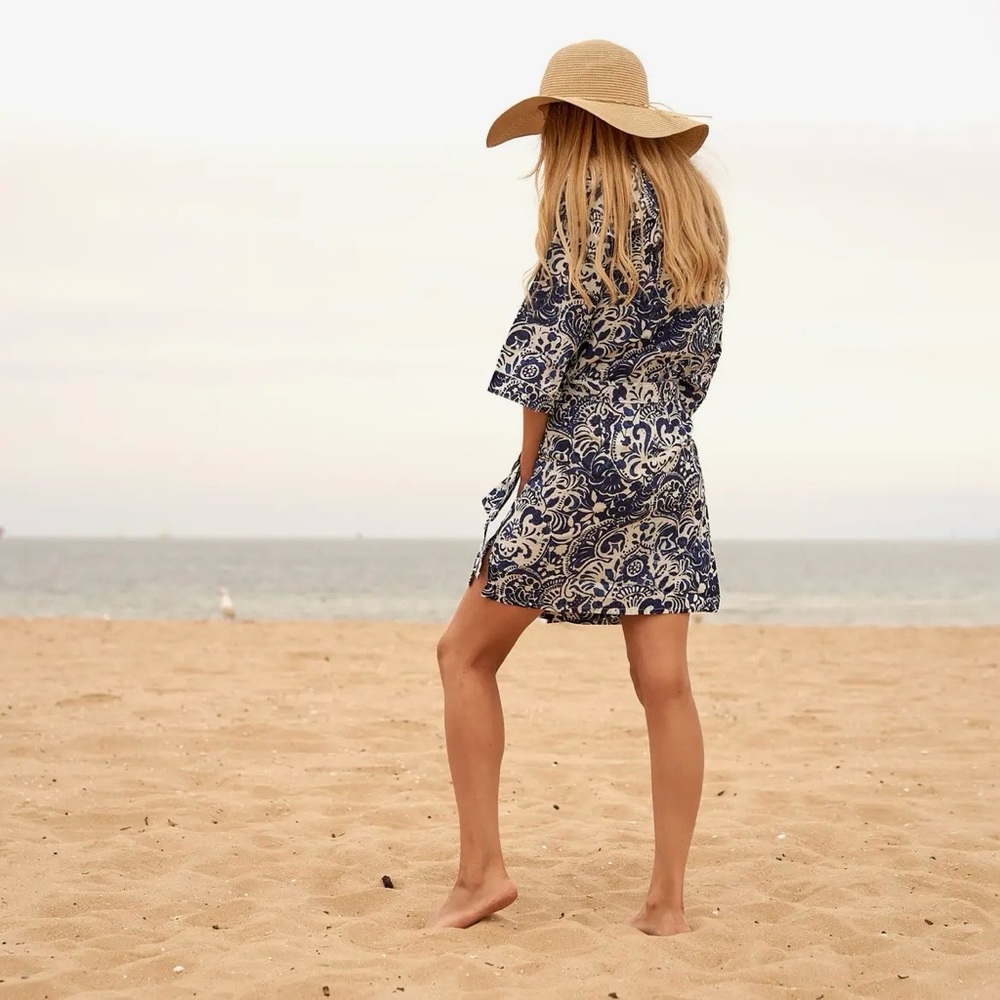 Navy & White Printed Short Beach Cover-Up Dress